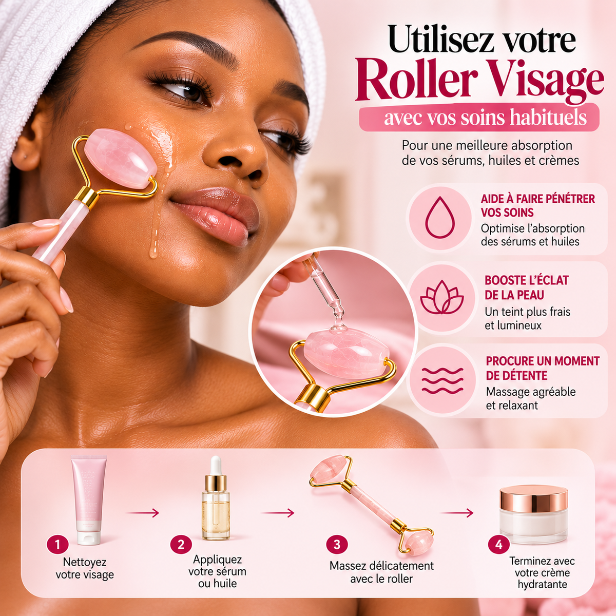 Roller Visage Double Embout en Quartz Rose – Rouleau de Massage Facial