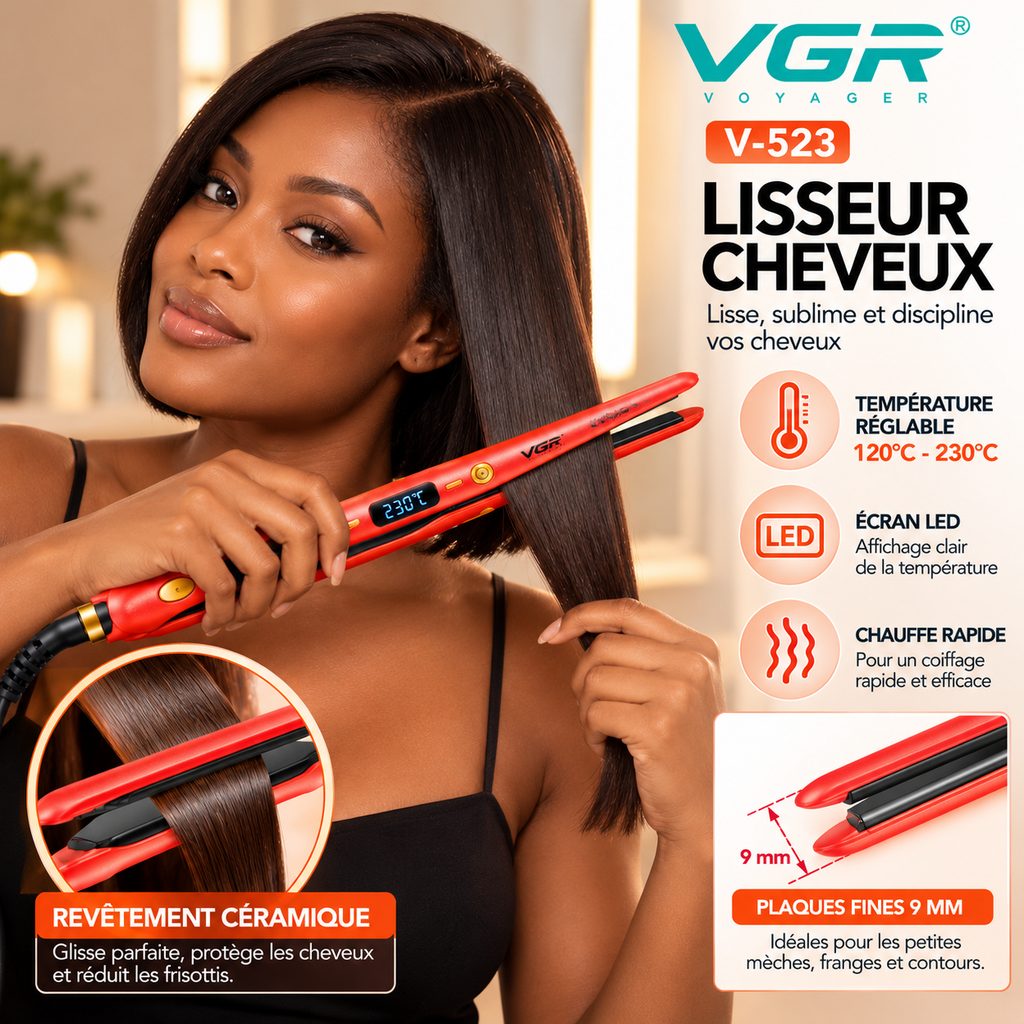 VGR V-523 – Lisseur Professionnel Céramique à Plaques Fines 9 mm, Température Réglable 120–230 °C, Écran LED – Rose Gold