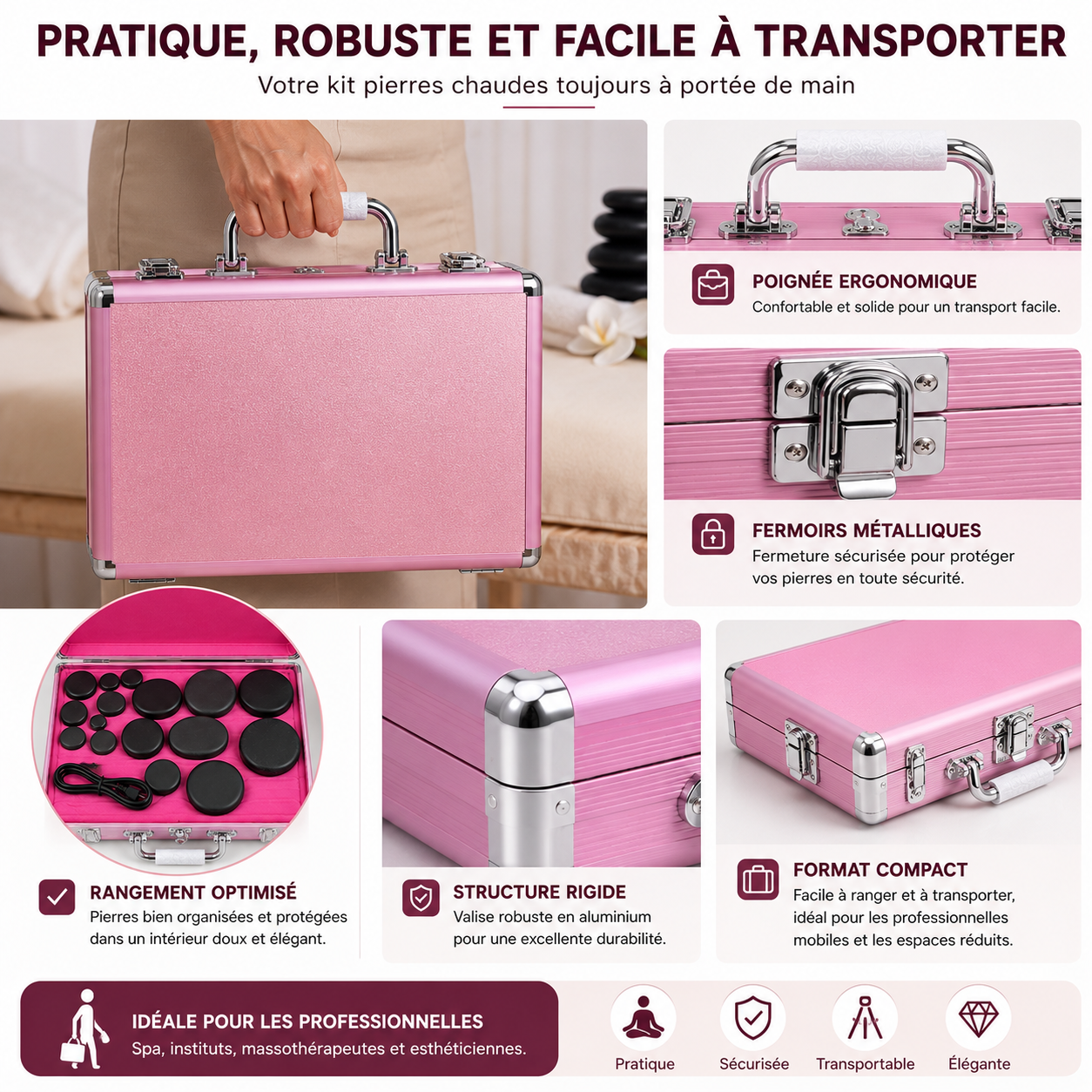 Kit de 16 Pierres Chaudes avec Valise Chauffante Électrique – Massage Spa