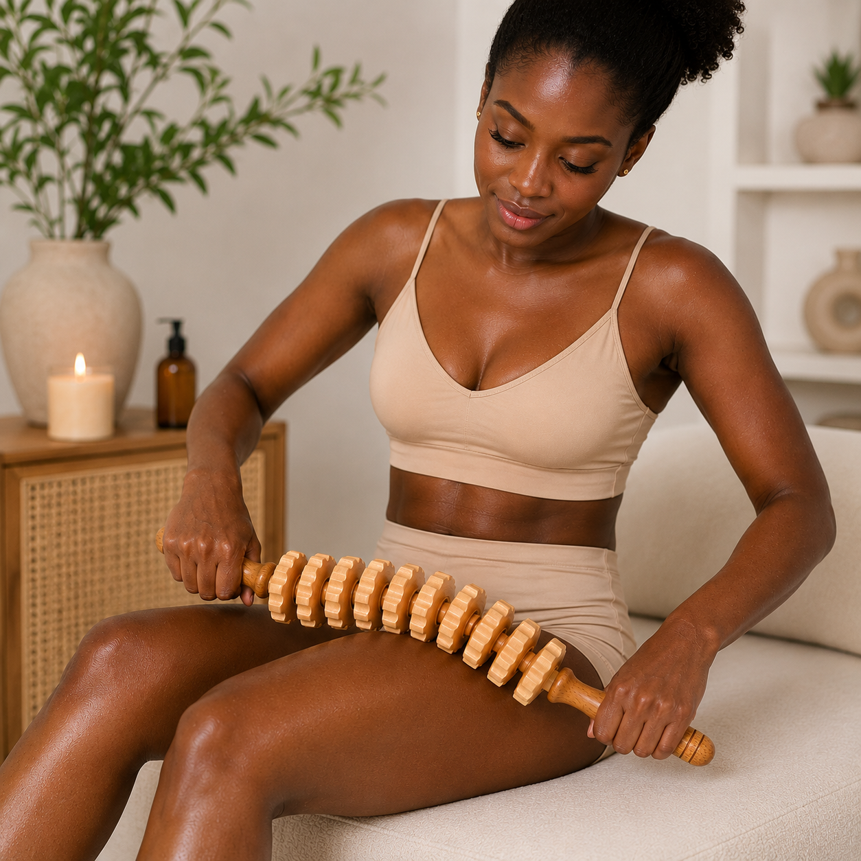 Rouleau de Massage Corporel en Bois Incurvé 45 cm – 12 Roues & Poignées Ergonomiques