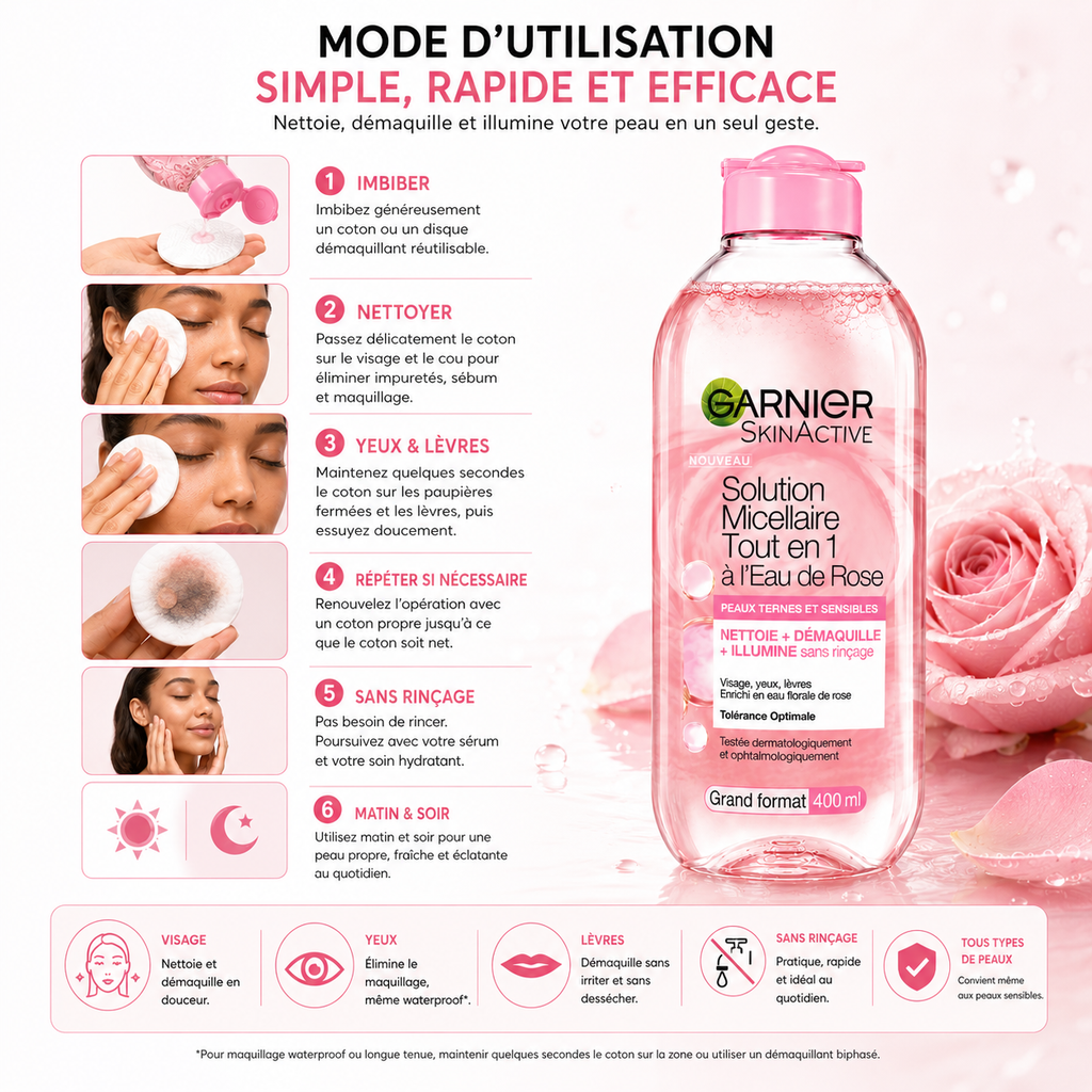 Garnier SkinActive Solution Micellaire Tout-en-1 à l’Eau de Rose – 400 ml