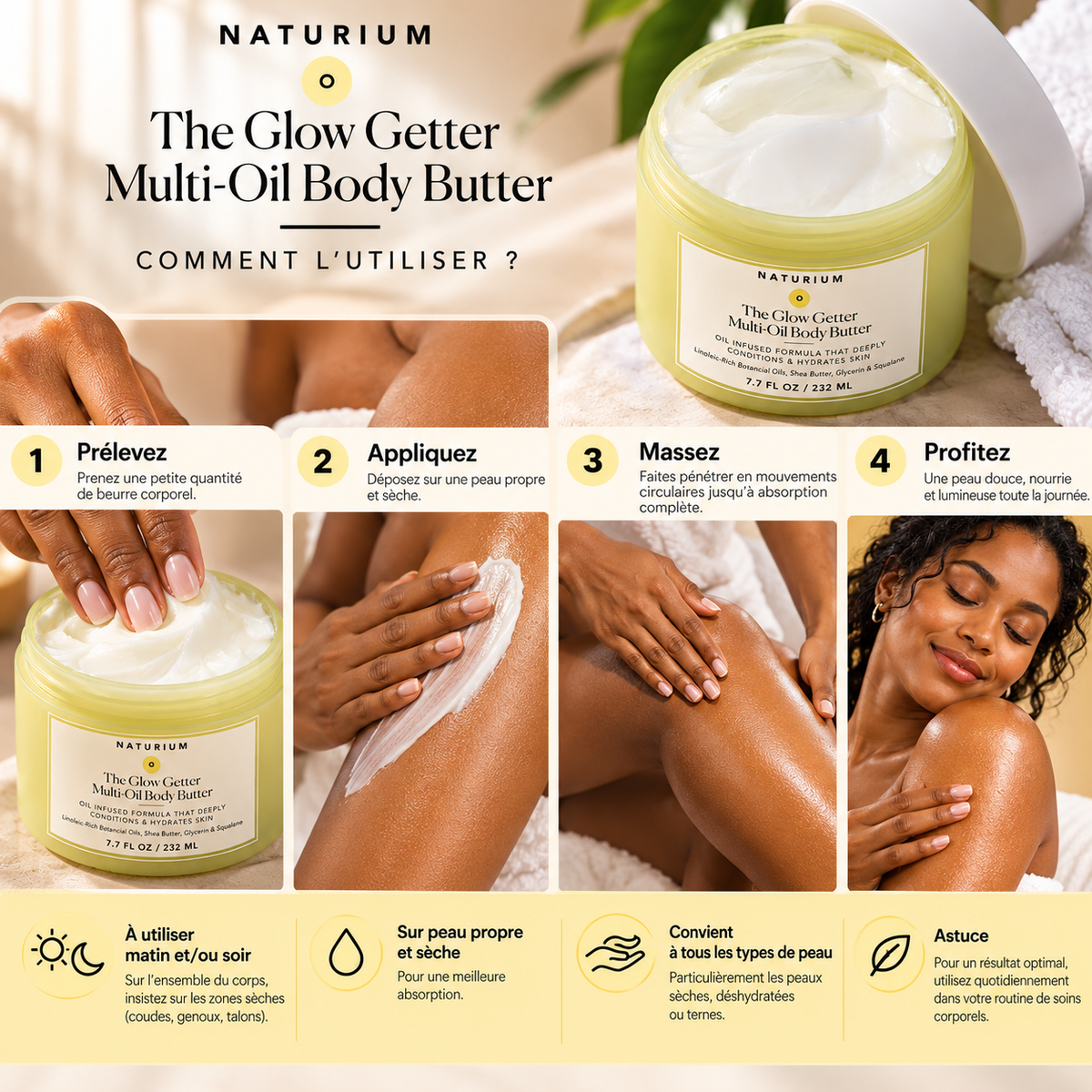 NATURIUM The Glow Getter Multi-Oil Body Butter – Beurre Corporel Nourrissant & Hydratant aux Huiles Végétales – 232 ml