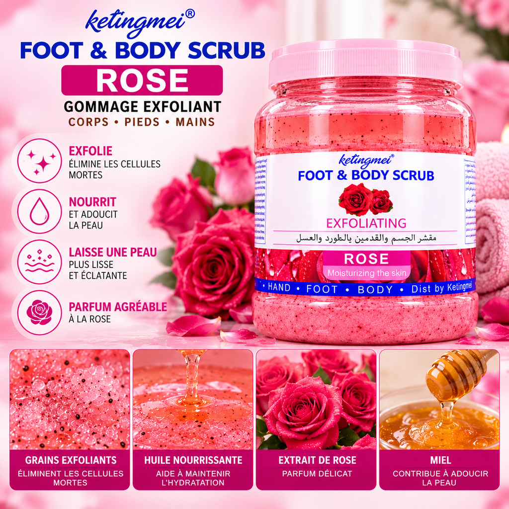 Ketingmei Foot & Body Scrub Rose – Gommage Exfoliant Corps, Pieds & Mains