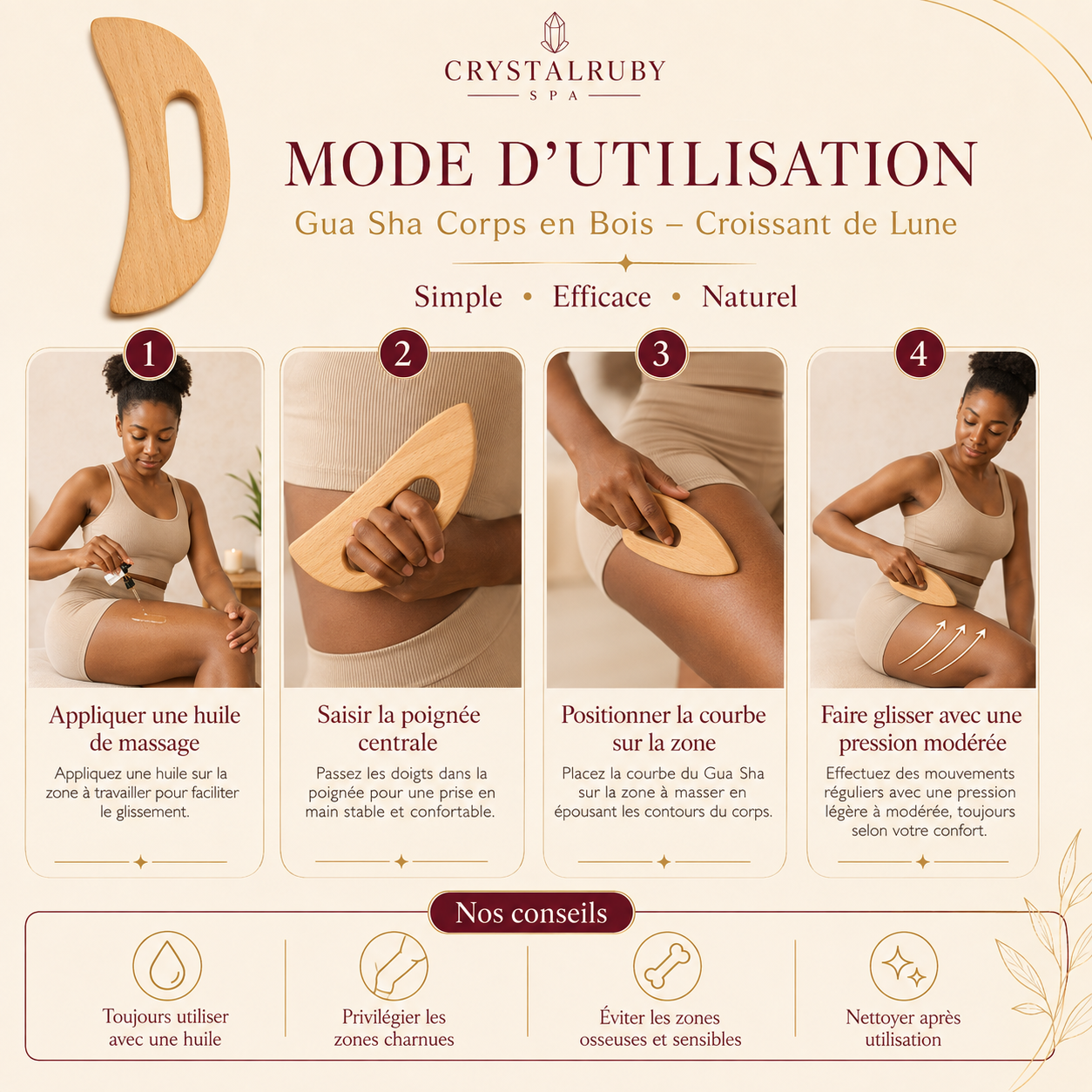 Gua Sha Corps en Bois Forme Croissant de Lune – Madérothérapie