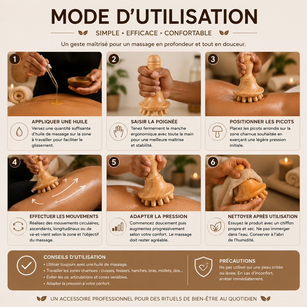Champignon de Massage en Bois à Manche Long &amp; Picots Arrondis – Madérothérapie Corps