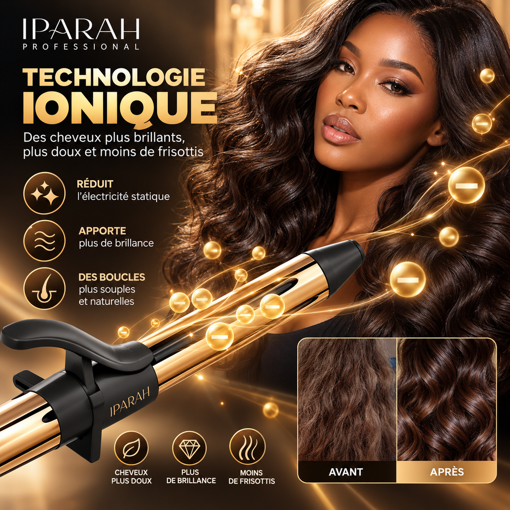 IPARAH P-210B – Fer à Boucler Professionnel 25 mm Ionique – Revêtement Céramique, Double Chauffe PTC, 65 W, Température Réglable 80–230 °C – Noir & Or