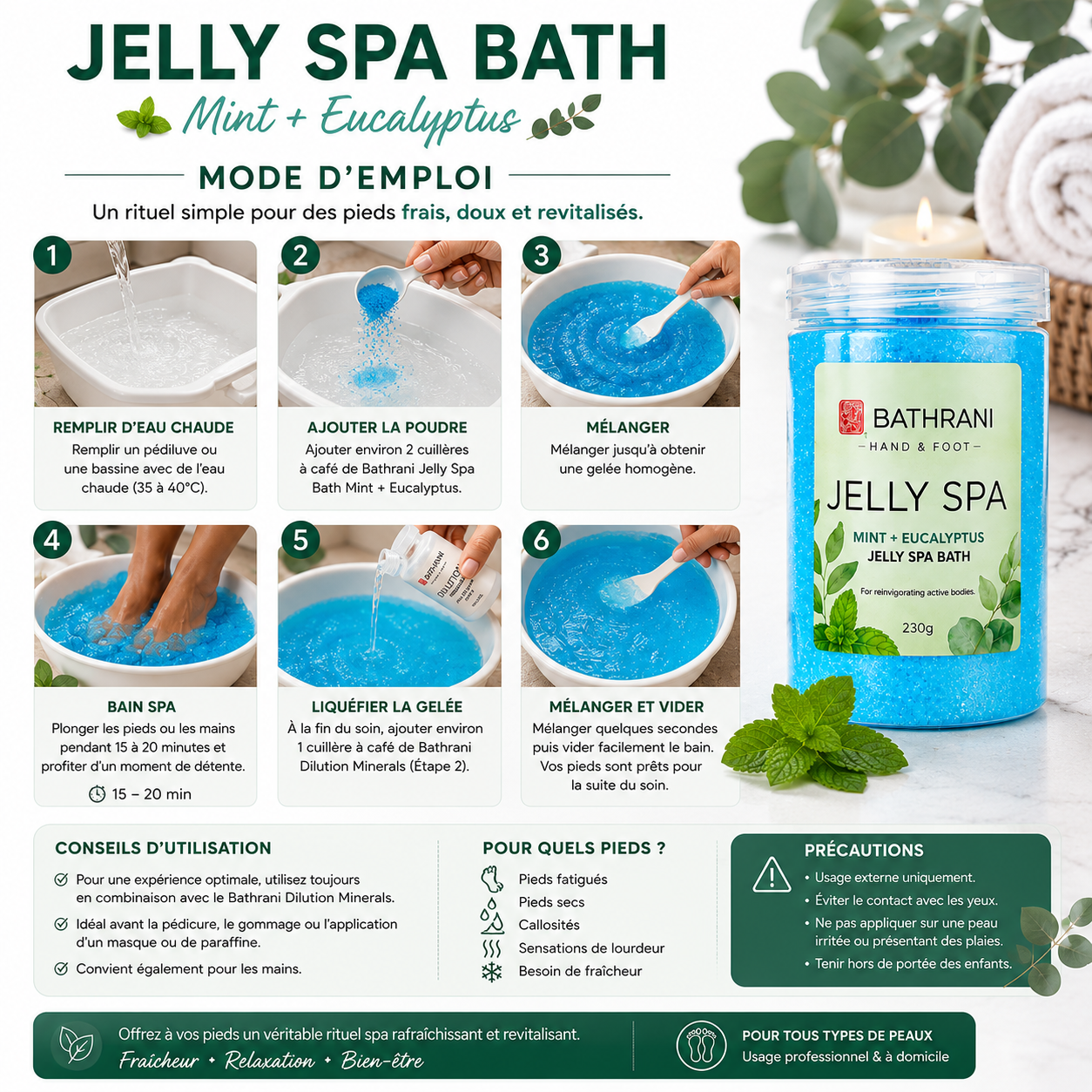 Bathrani Jelly Spa Bath – Mint + Eucalyptus | Bain de Pieds En Gelée Rafraîchissant 230 g