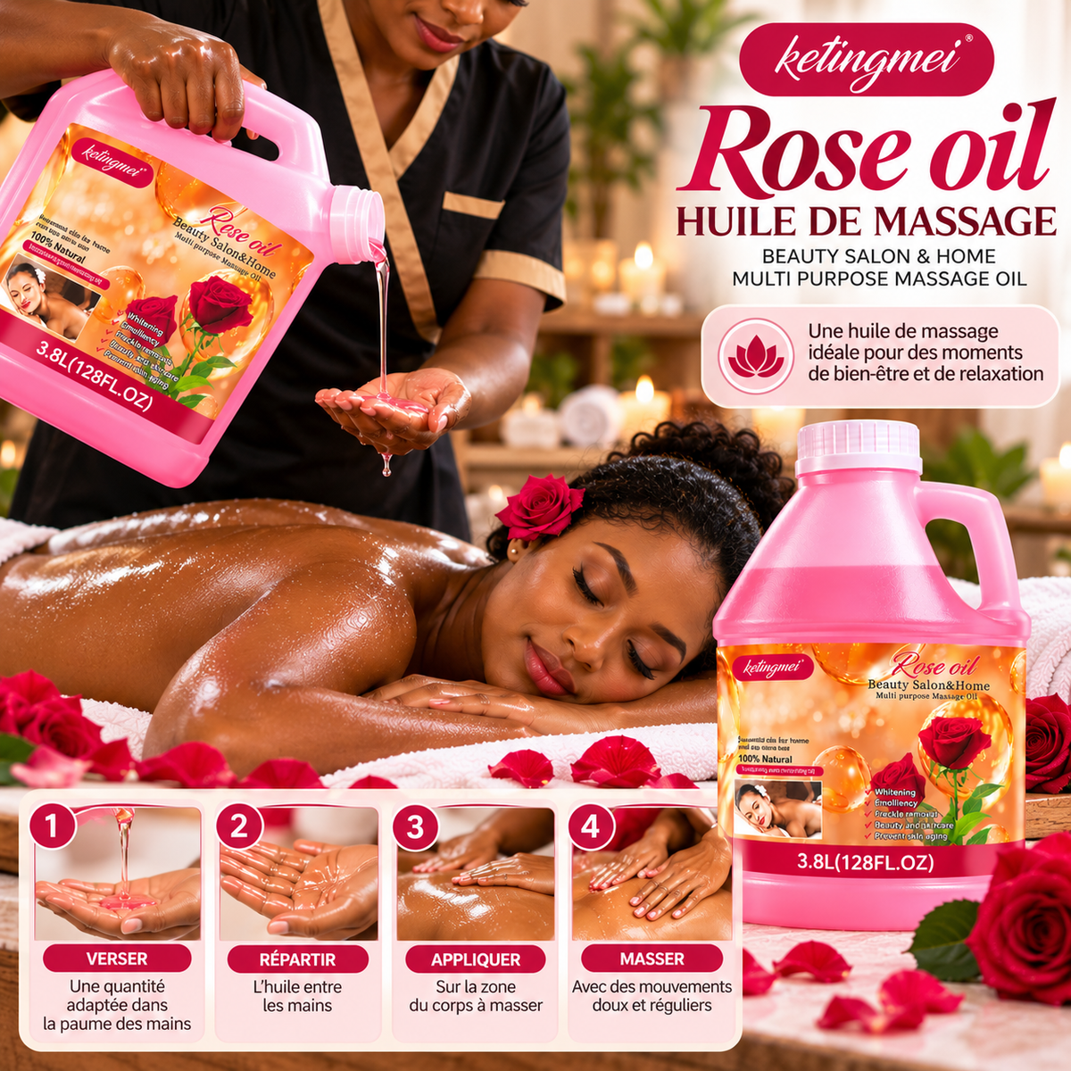 Ketingmei Huile de Massage Corps à la Rose – Grand Format Professionnel 3,8 L