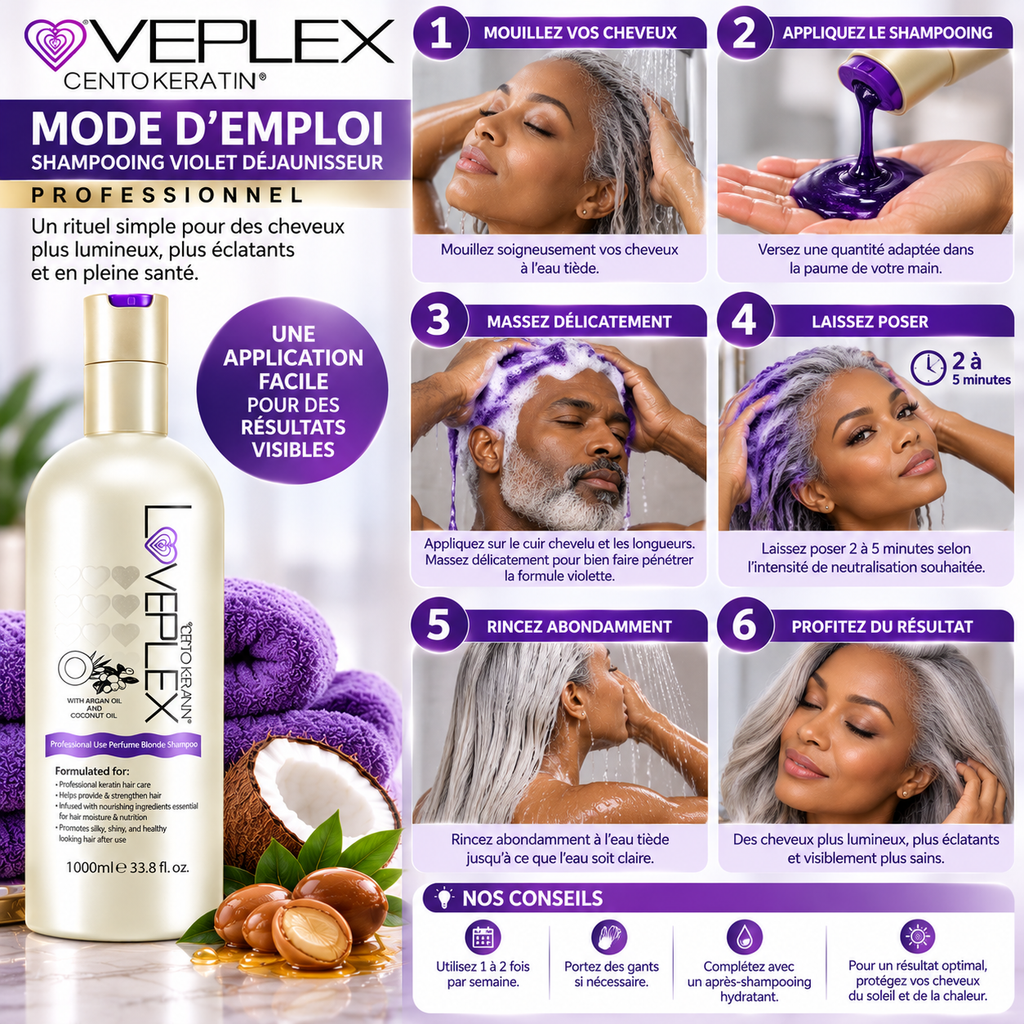 VEPLEX Pro Keratin – Shampooing Violet Déjaunisseur Professionnel – 1000 ml