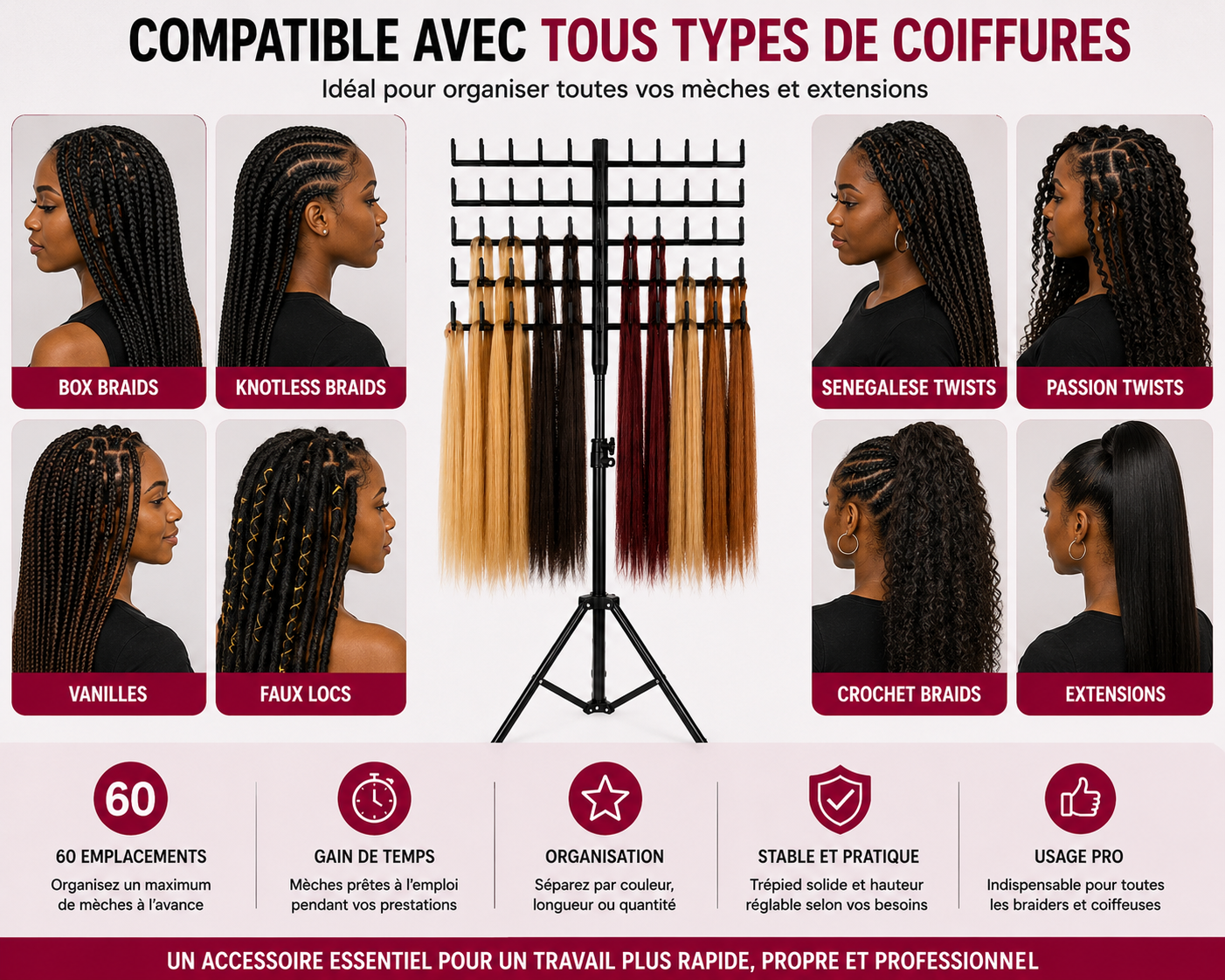 Support Professionnel Réglable pour Tresses et Extensions de Cheveux – Organisateur 60 Emplacements sur Trépied