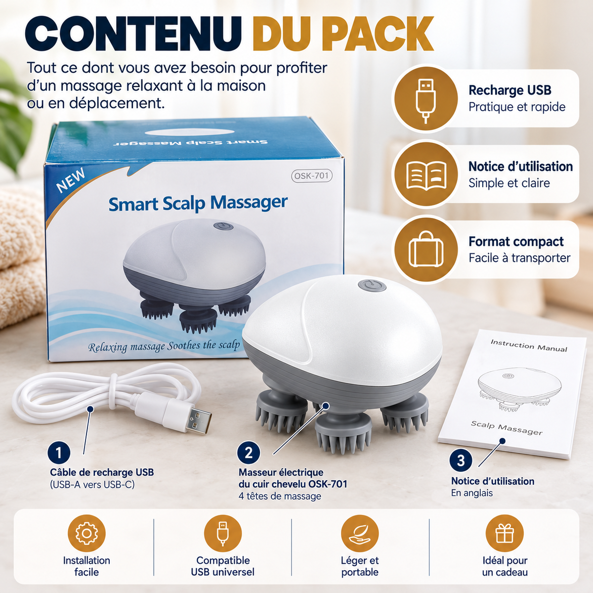 Masseur Électrique du Cuir Chevelu OSK-701 – 4 Têtes de Massage, 3 Vitesses Réglables – 5W – Blanc