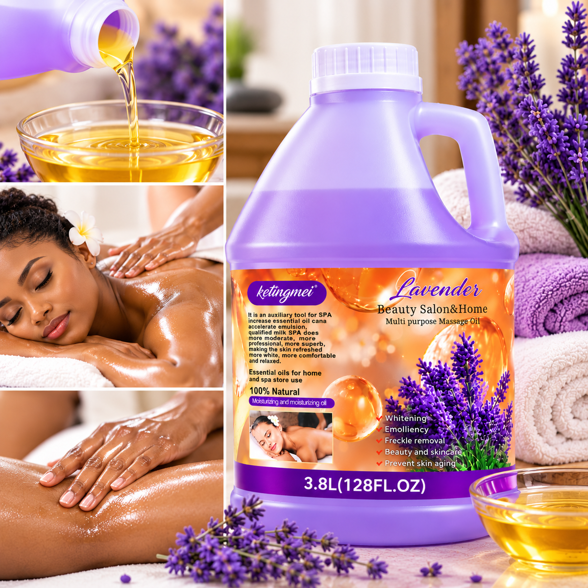 Ketingmei Huile de Massage Corps à la Lavande – Grand Format 3,8 L