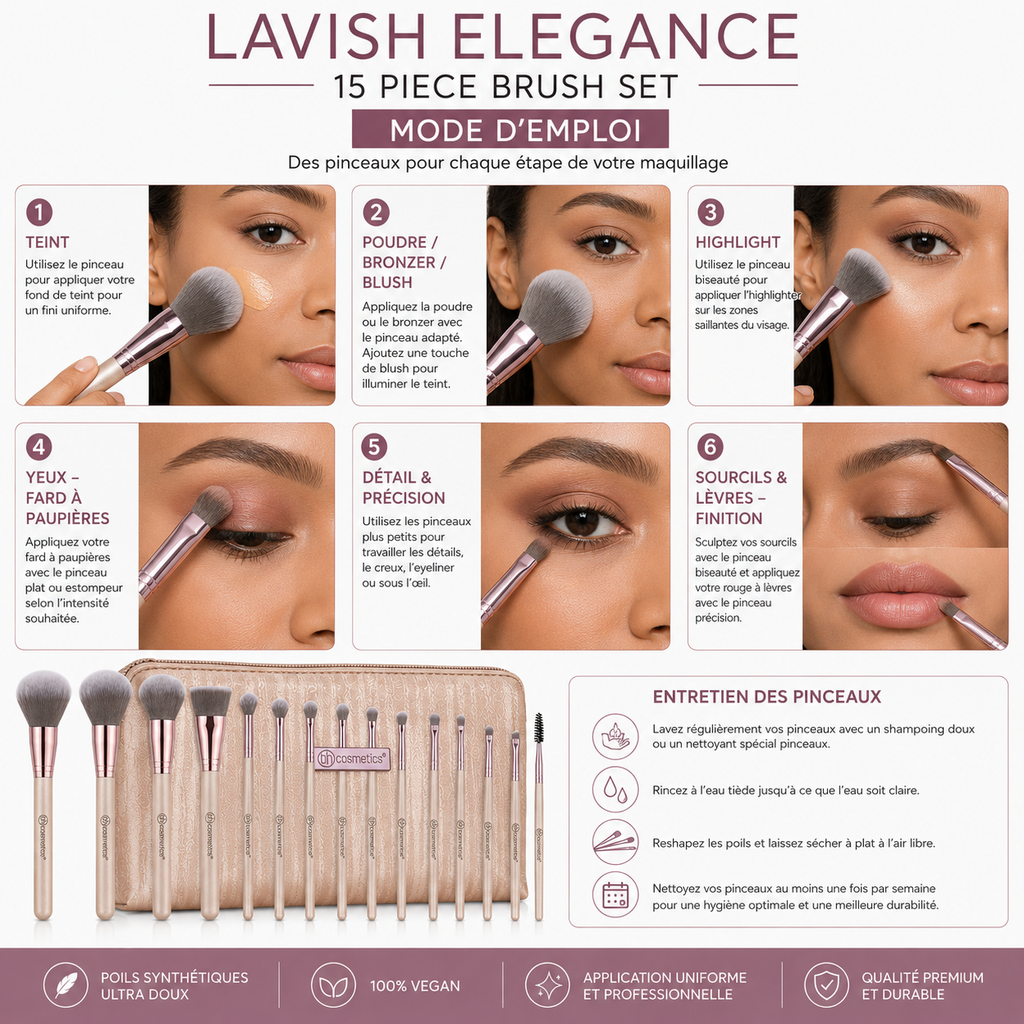 BH Cosmetics Lavish Elegance – Set de 15 Pinceaux Maquillage avec Trousse