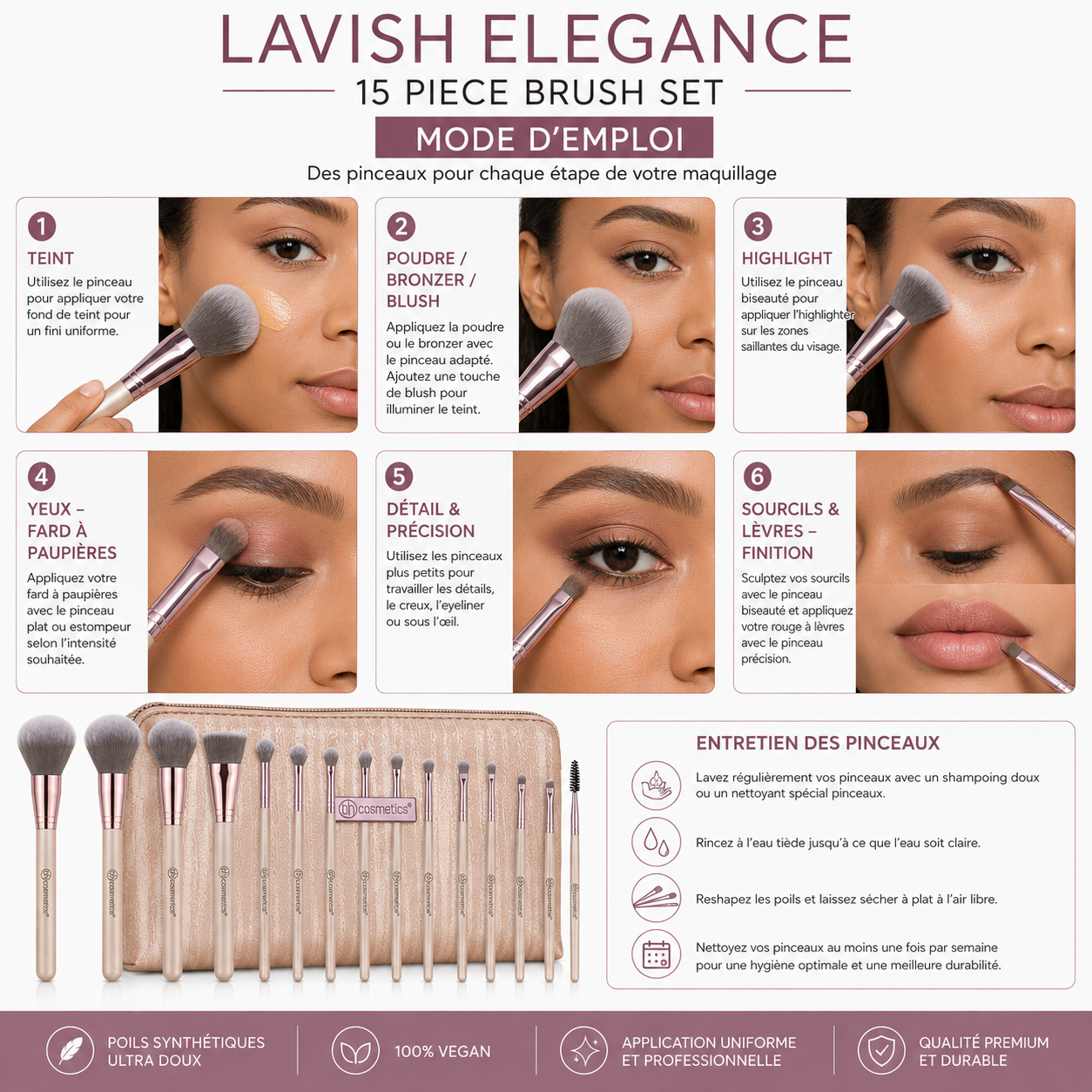 BH Cosmetics Lavish Elegance – Set de 15 Pinceaux Maquillage avec Trousse