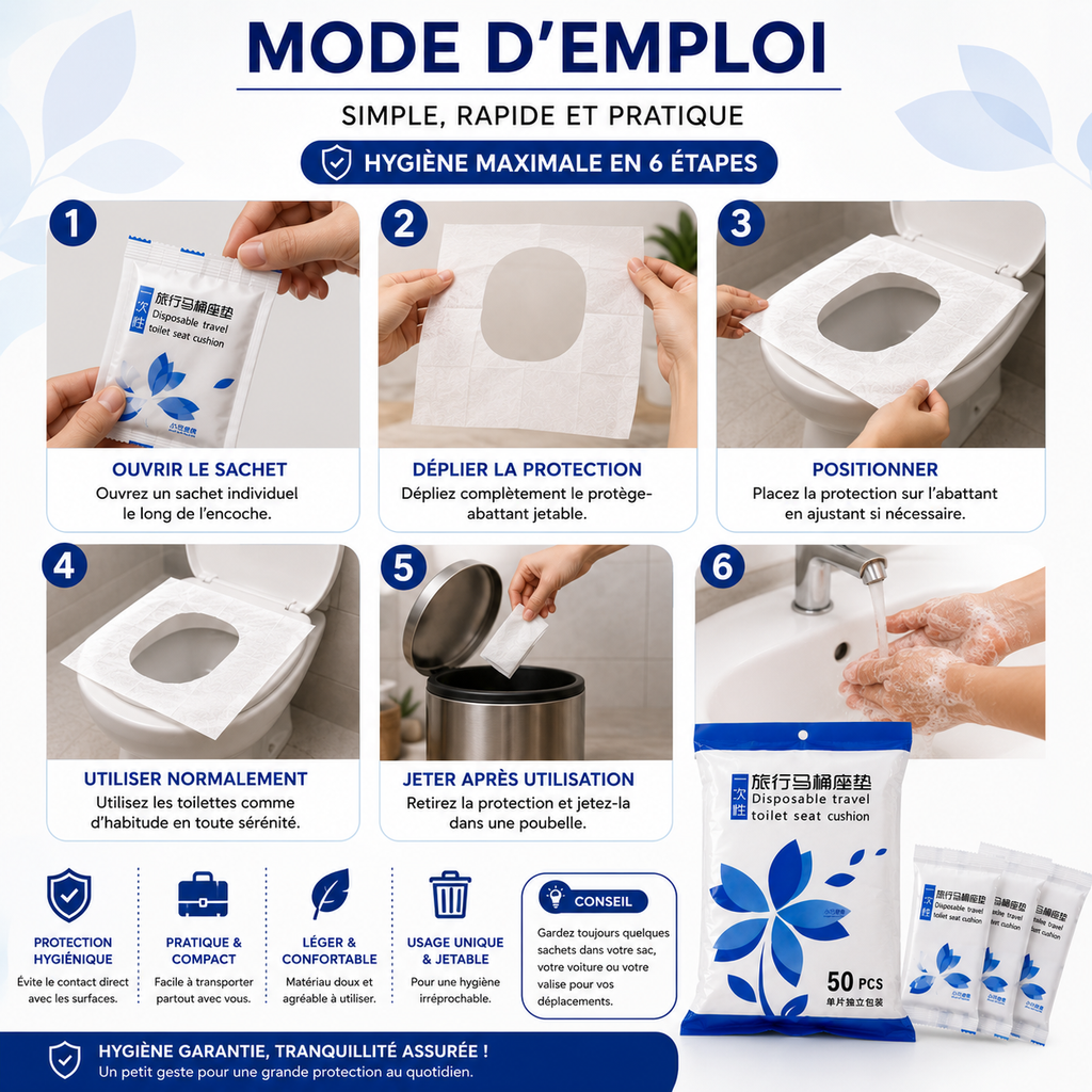 Protège-Abattant WC Jetable 50 Pièces – Protection Hygiénique Individuelle