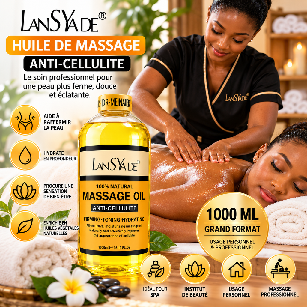 LANSYADE Huile de Massage Corps Anti-Cellulite 1000 ml – Raffermissante & Hydratante