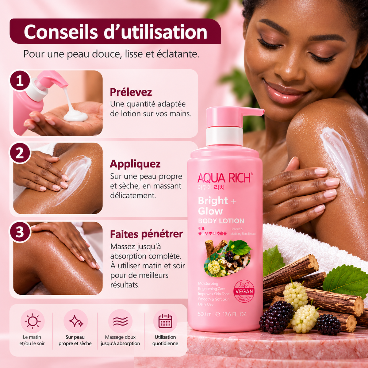 AQUA RICH Bright + Glow Body Lotion – Lait Corps Éclat Réglisse & Mûrier