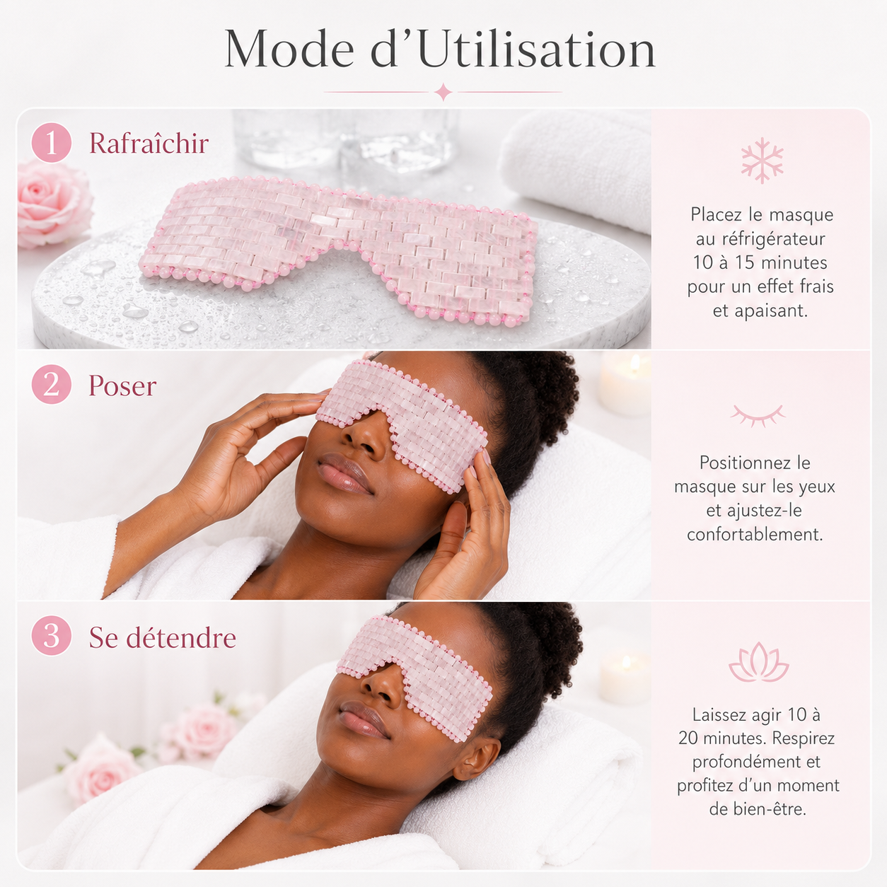 Masque Relaxant pour les Yeux en Pierres Roses Effet Quartz – Fraîcheur Réutilisable, 2 Formats