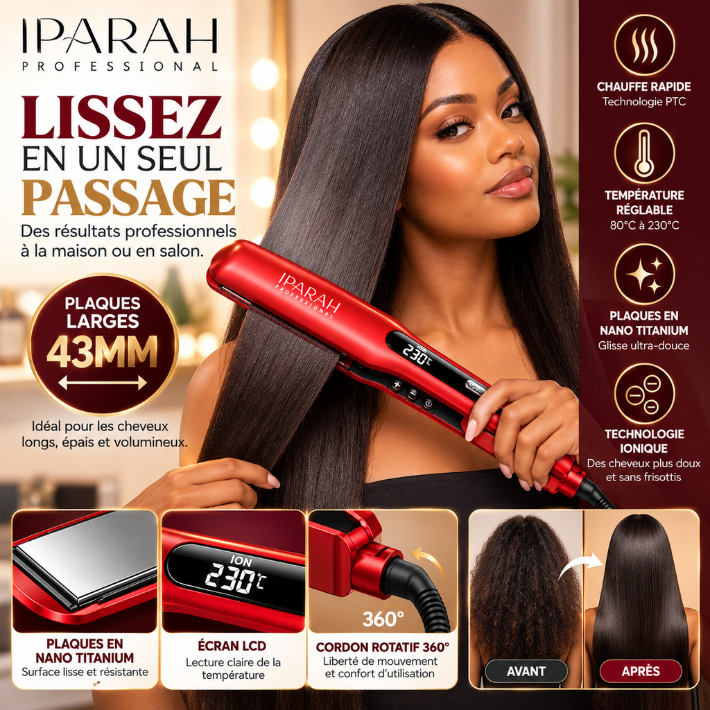 IPARAH Nano Titanium P-108 – Lisseur Professionnel à Plaques Larges 43 mm avec Écran Digital – Rouge