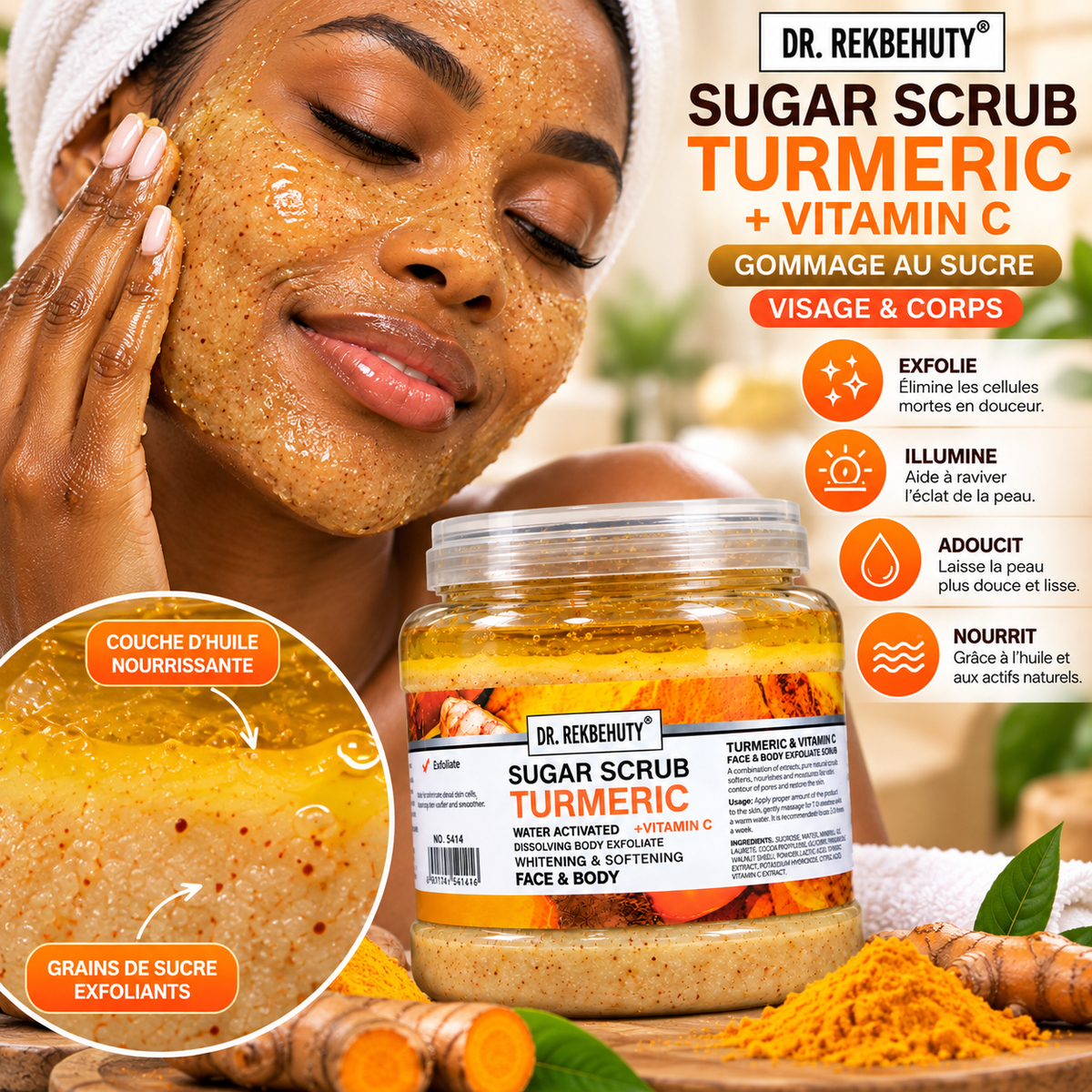 DR. REKBEHUTY Gommage au Sucre Curcuma & Vitamine C – Visage & Corps