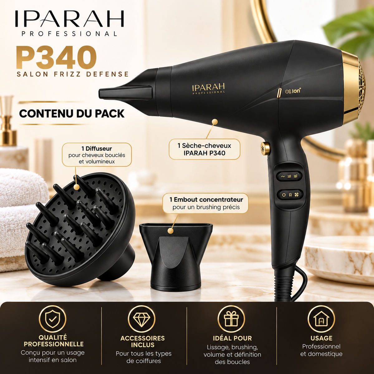 Sèche-Cheveux Professionnel IPARAH P340 – 2400W, Moteur AC, Ionique, 2 Vitesses, 3 Températures & Air Froid
