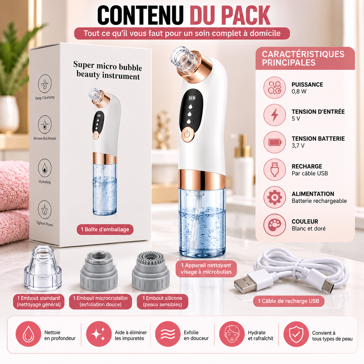 Appareil Nettoyant Visage à Microbulles – Aspirateur de Pores et Points Noirs Rechargeable USB