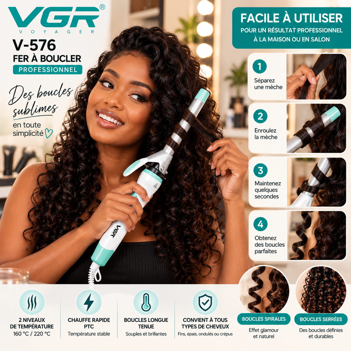 VGR V-576 – Fer À Boucler Professionnel Céramique 10 mm, Boucles Serrées Et Définies, Chauffe Rapide PTC, 2 Températures Jusqu'à 220 °C – Blanc
