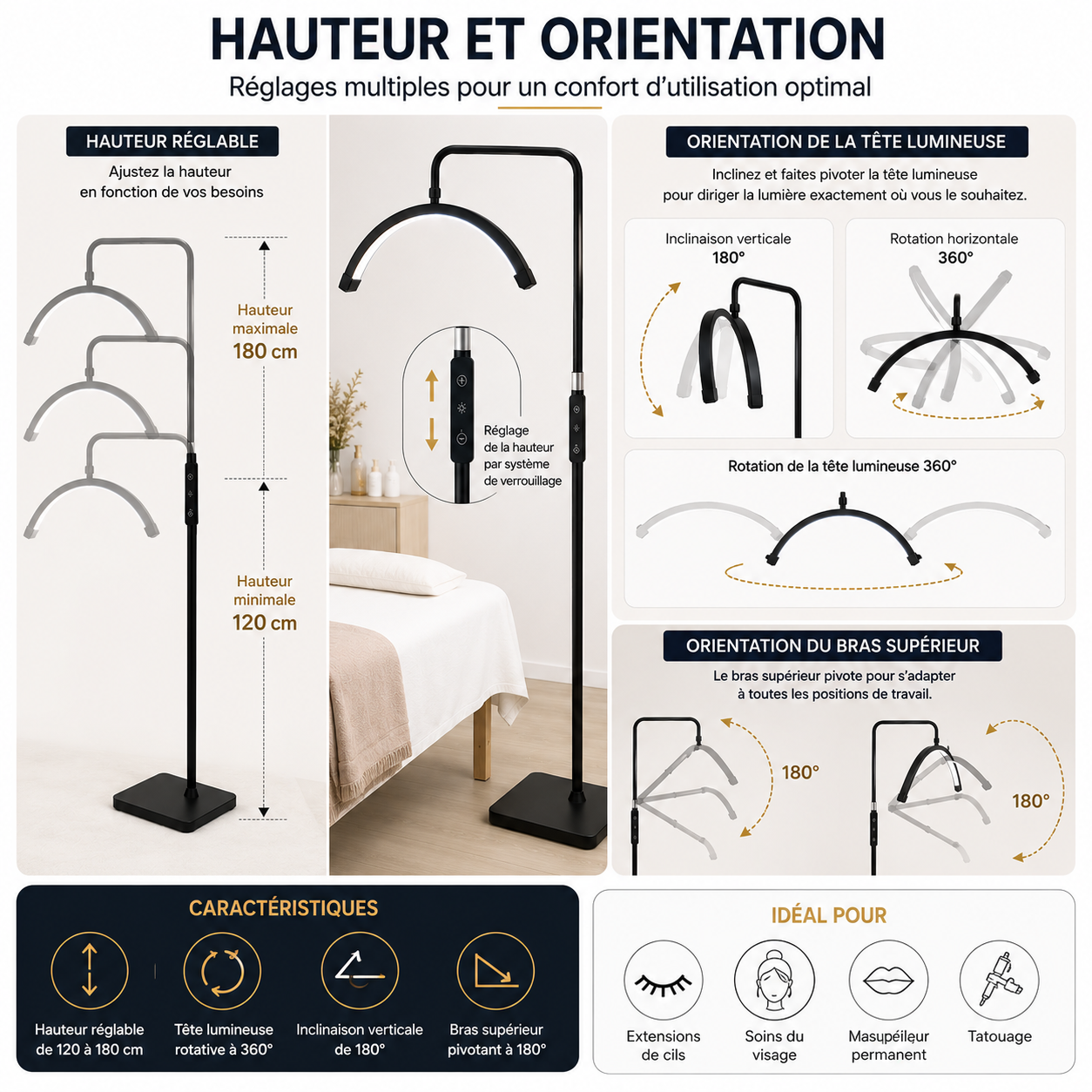 Lampe LED Demi-Lune sur Pied pour Esthéticienne – Éclairage Réglable Professionnel Lash & Beauté