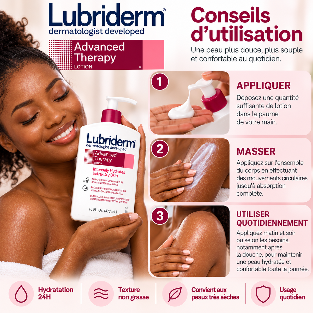 LUBRIDERM Advanced Therapy Lotion – Lait Corporel Hydratation Intense 24H pour Peaux Très Sèches – 473 ml