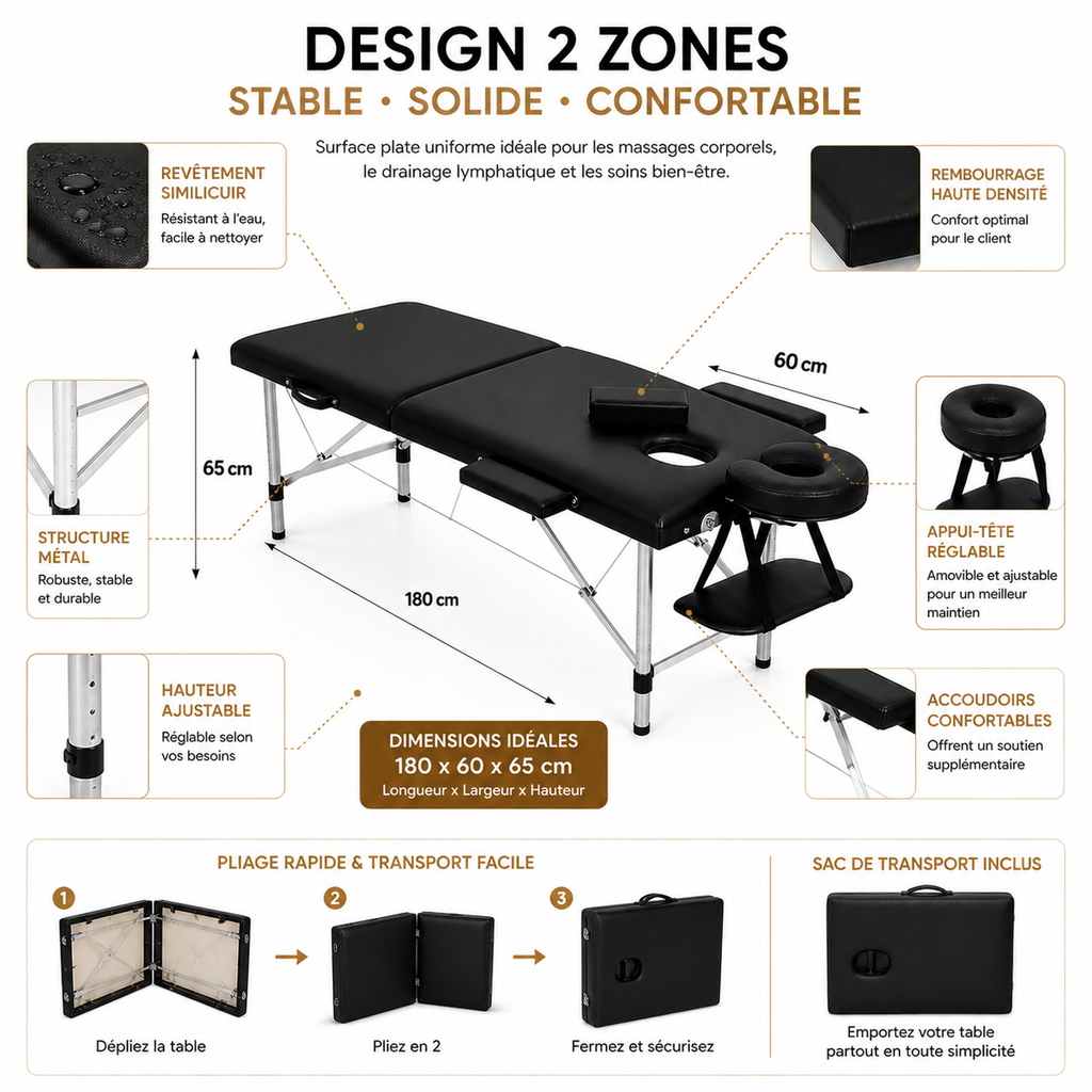 Table de Massage Pliante Professionnelle 2 Zones  – Structure Métal, Portable & Réglable - Avec Sac (Noir)