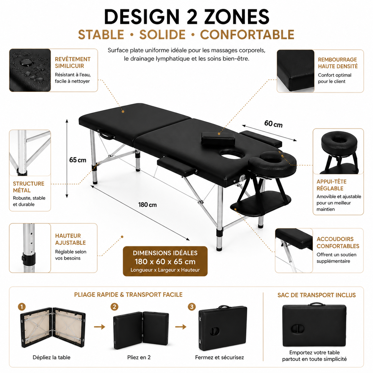 Table de Massage Pliante Professionnelle 2 Zones  – Structure Métal, Portable & Réglable - Avec Sac (Noir)