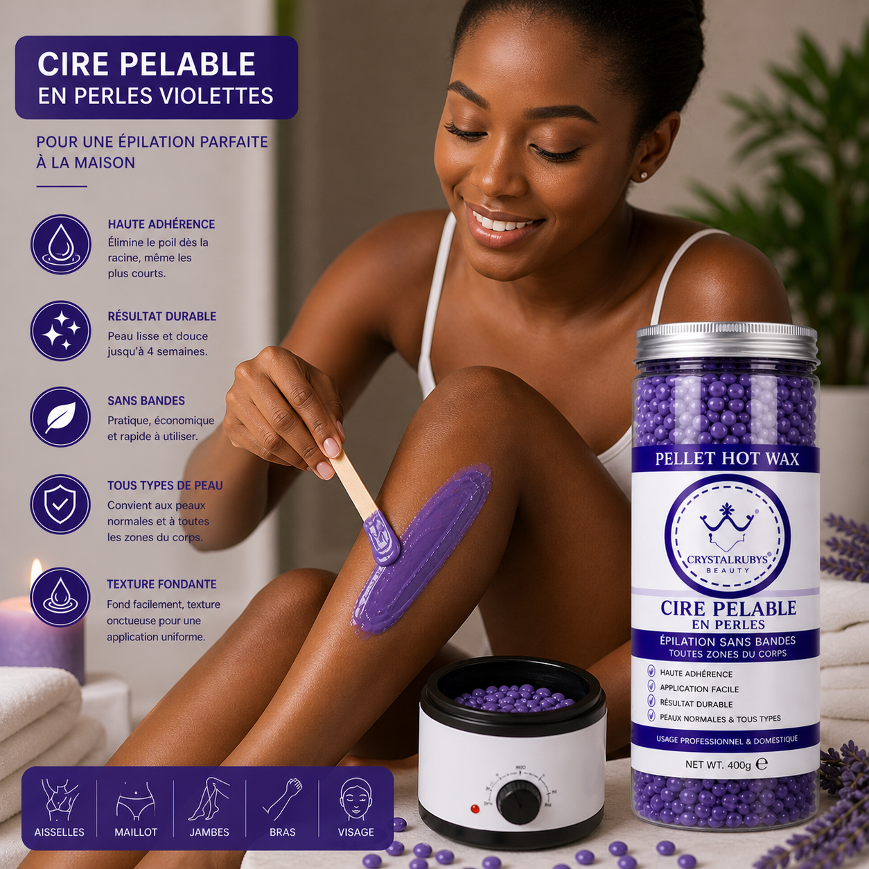 Cire Pelable en Perles Violettes – Épilation Sans Bandes Usage Professionnel