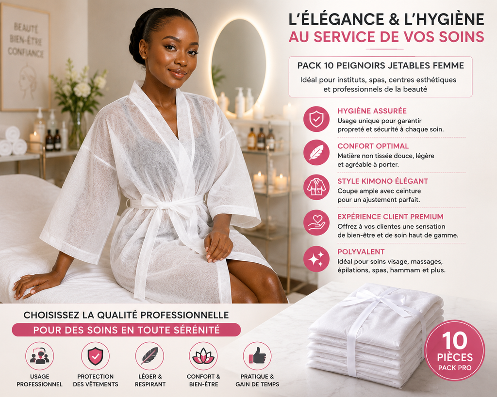 Pack de 10 Peignoirs Jetables Femme – Kimono Blanc Non Tissé pour Spa, Institut & Esthétique
