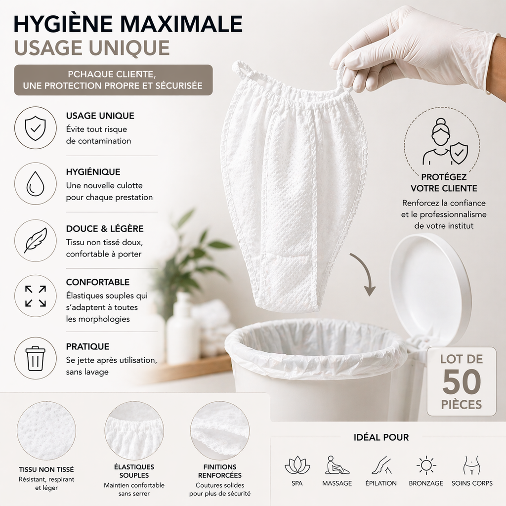Lot de 50 Culottes String Jetables Blanches – Sous-Vêtements Spa & Soins Esthétiques