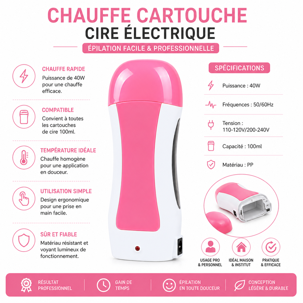 Chauffe Cartouche Cire Électrique 40W – Appareil Épilation Roll-On Professionnel 100ml (Rose)