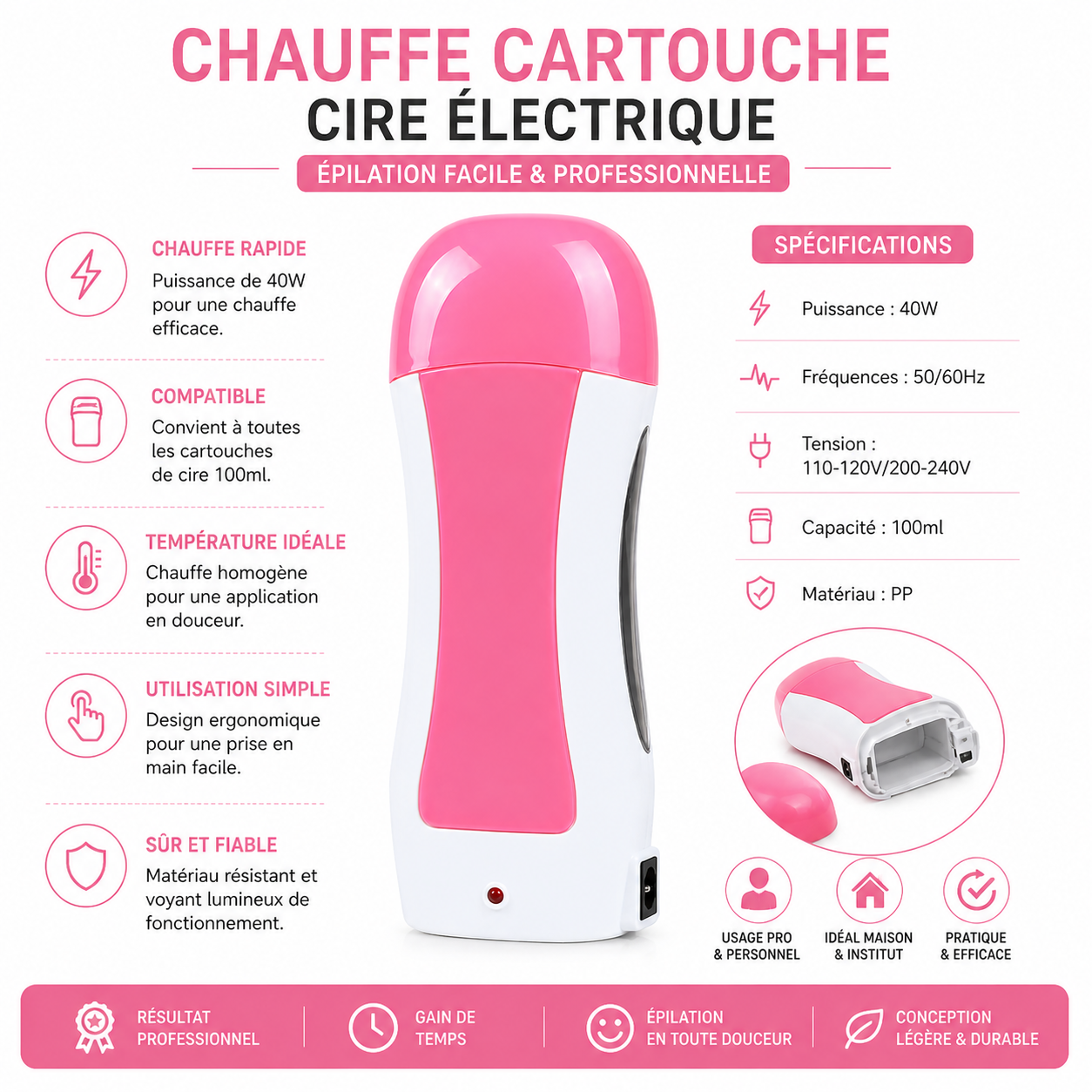 Chauffe Cartouche Cire Électrique 40W – Appareil Épilation Roll-On Professionnel 100ml (Rose)