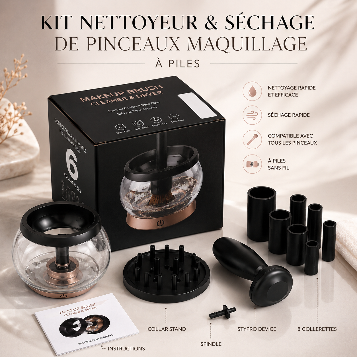 Kit Nettoyeur & Séchage de Pinceaux Maquillage à Piles