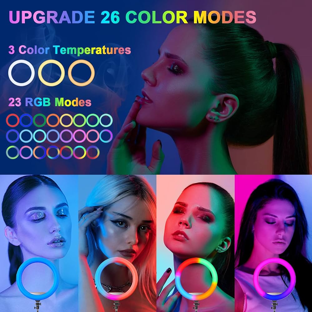 Ring Light Arc-en-Ciel avec Trépied – Anneau Lumineux LED 21 Pouces pour Vidéo, Maquillage, YouTube, TikTok et Photo- 3 Supports