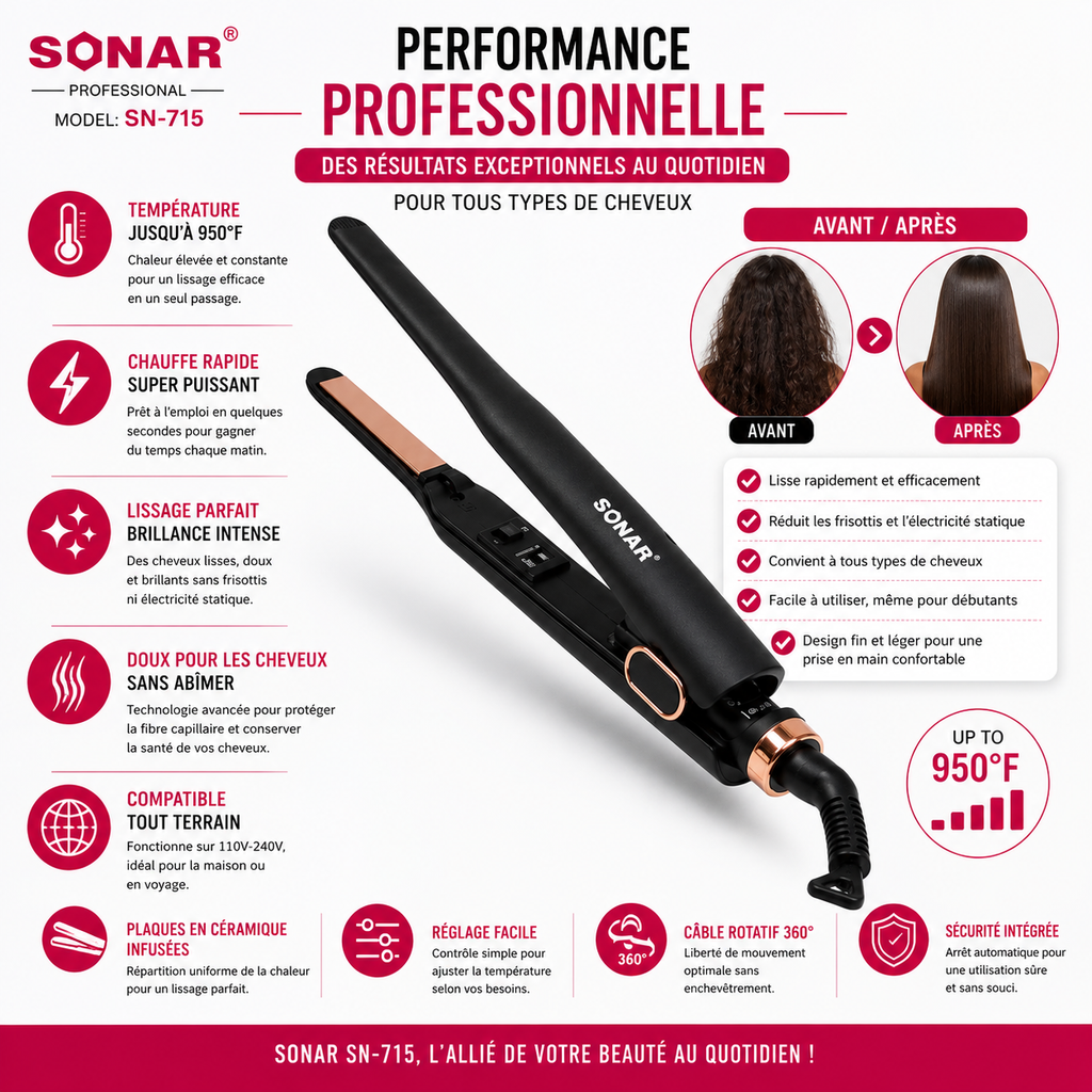 Fer à Lisser Professionnel SONAR SN-715 – Lisseur Céramique Haute Température 950°F