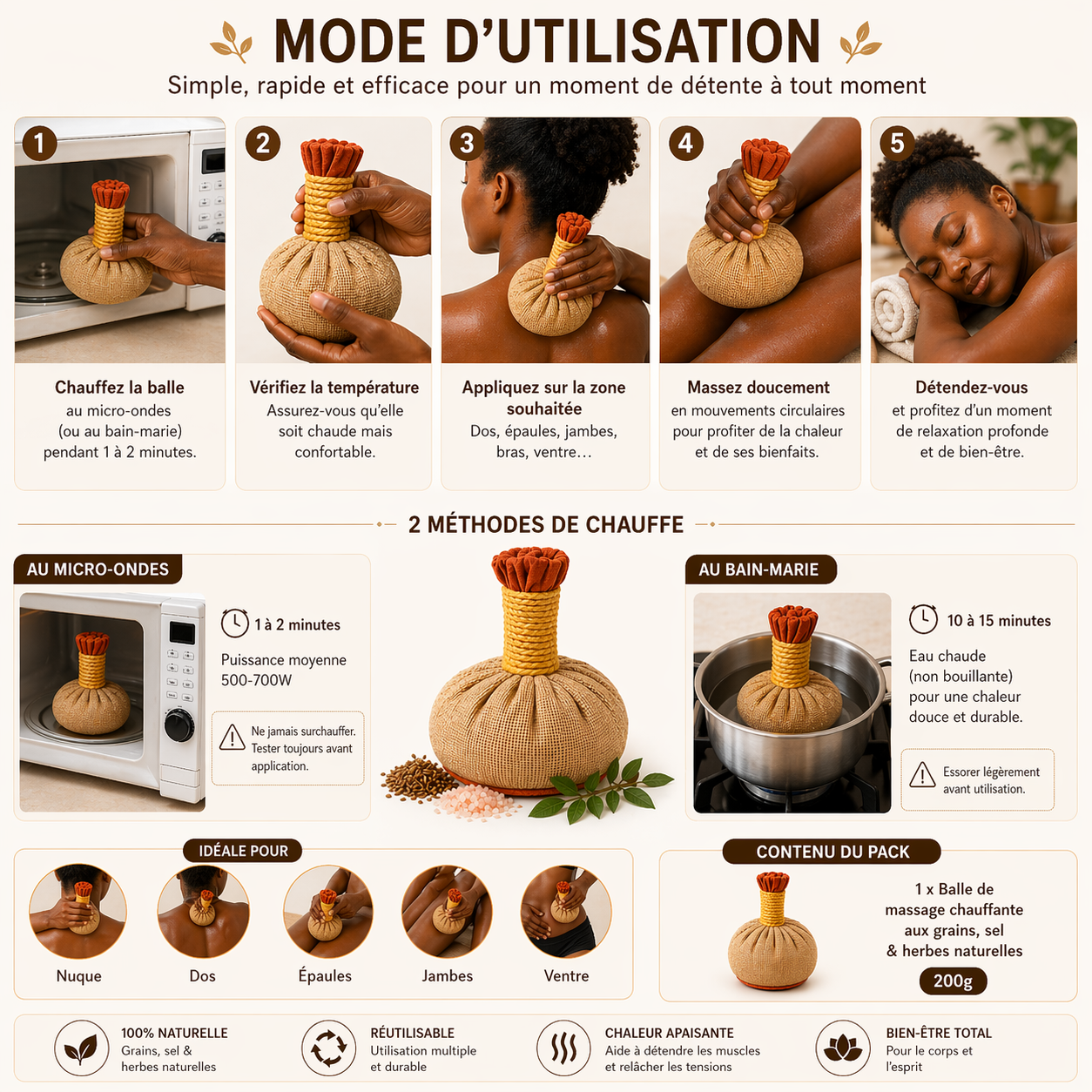 Balle de Massage Chauffante aux Grains, Sel & Herbes Naturelles – Compresse Thermique Relaxante 500g