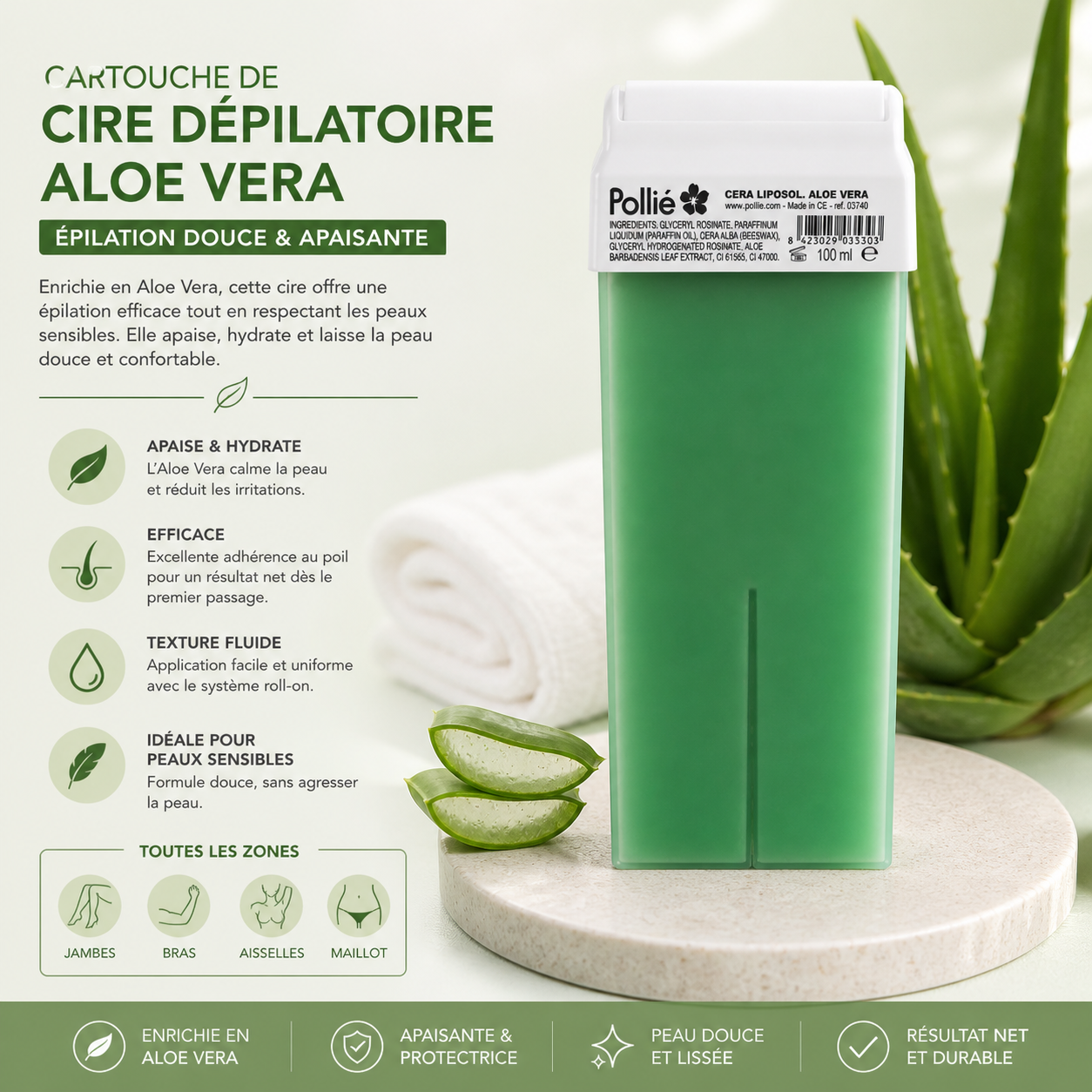 Cartouche de Cire Dépilatoire Aloe Vera 100ml – Épilation Douce & Apaisante (Roll-On Professionnel)