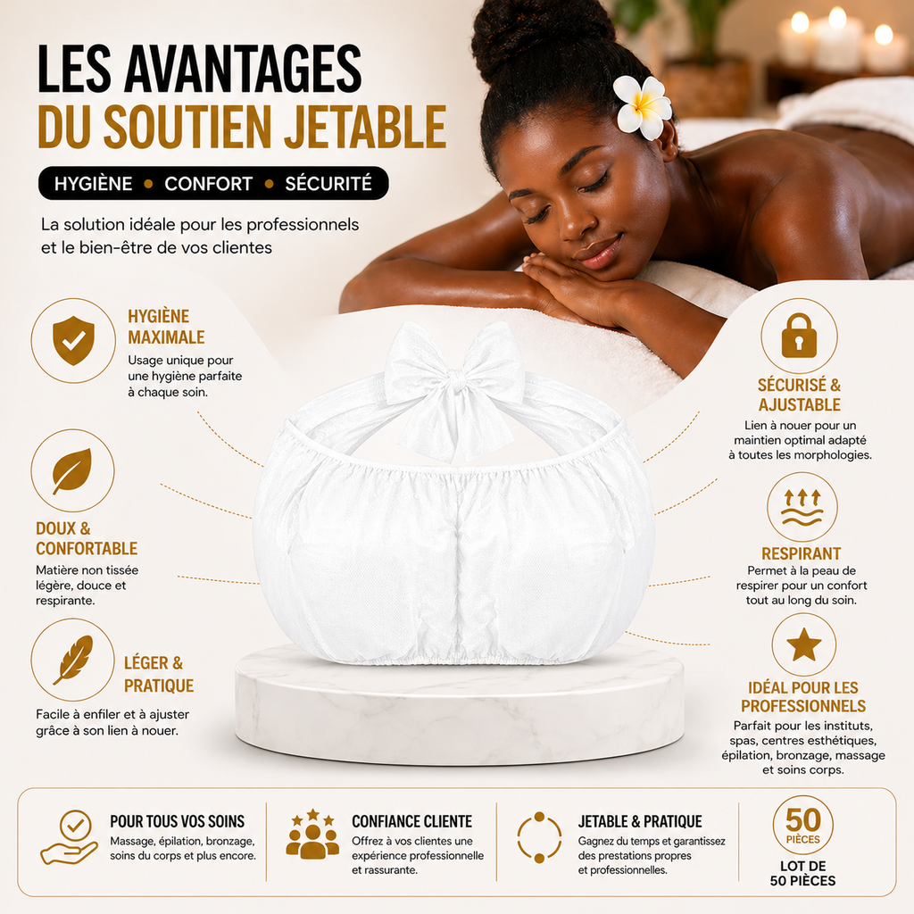 Lot de 50 Soutiens-Gorge Jetables Blancs – Non Tissé, Usage Unique, Spa & Institut Beauté
