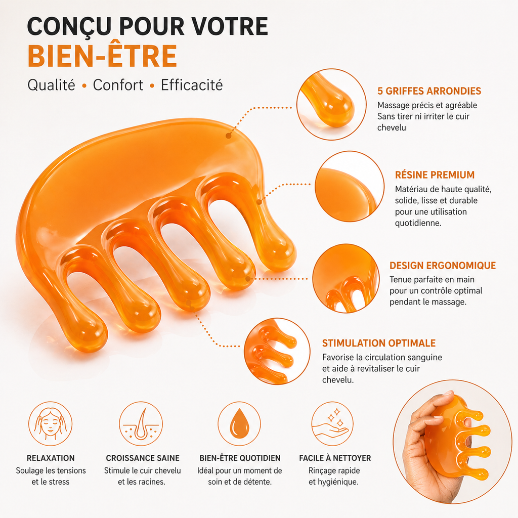 Masseur Cuir Chevelu 5 Griffes en Résine – Massage Tête Relaxant & Anti Stress – Outil Bien-Être