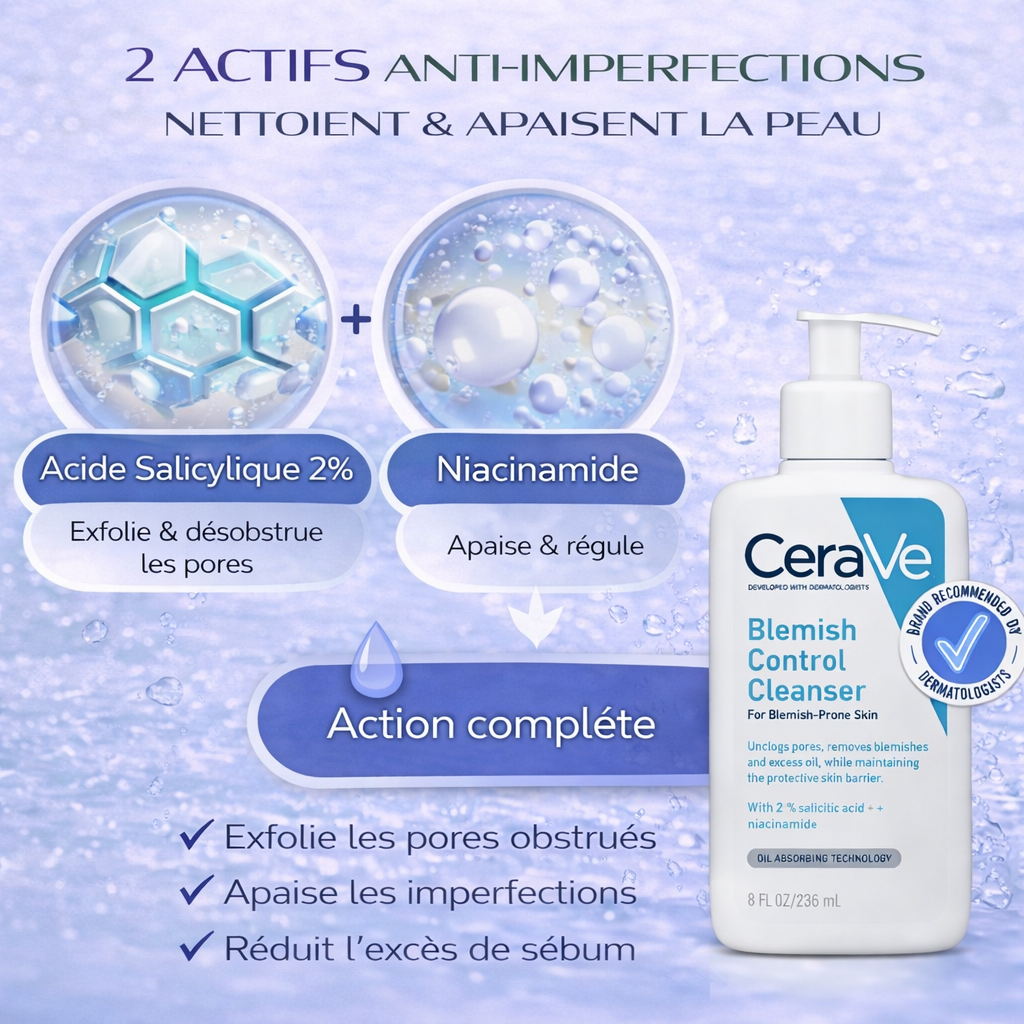 CeraVe Gel Nettoyant Anti-Imperfections 2% Acide Salicylique – Peaux Grasses à Imperfections 236ml