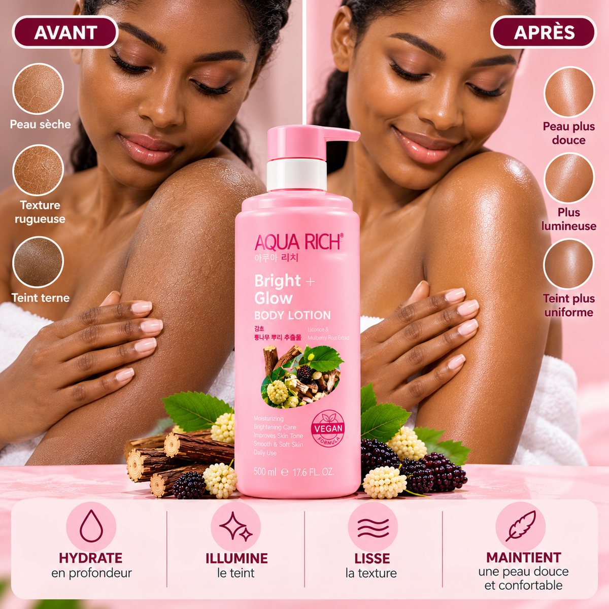 AQUA RICH Bright + Glow Body Lotion – Lait Corps Éclat Réglisse & Mûrier