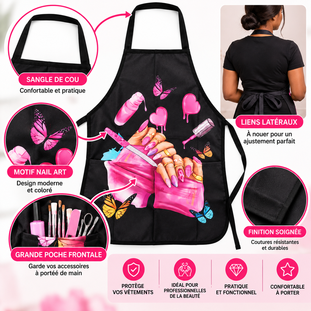 Tablier Prothésiste Ongulaire Noir avec Poche – Manucure, Pédicure &amp; Nail Art