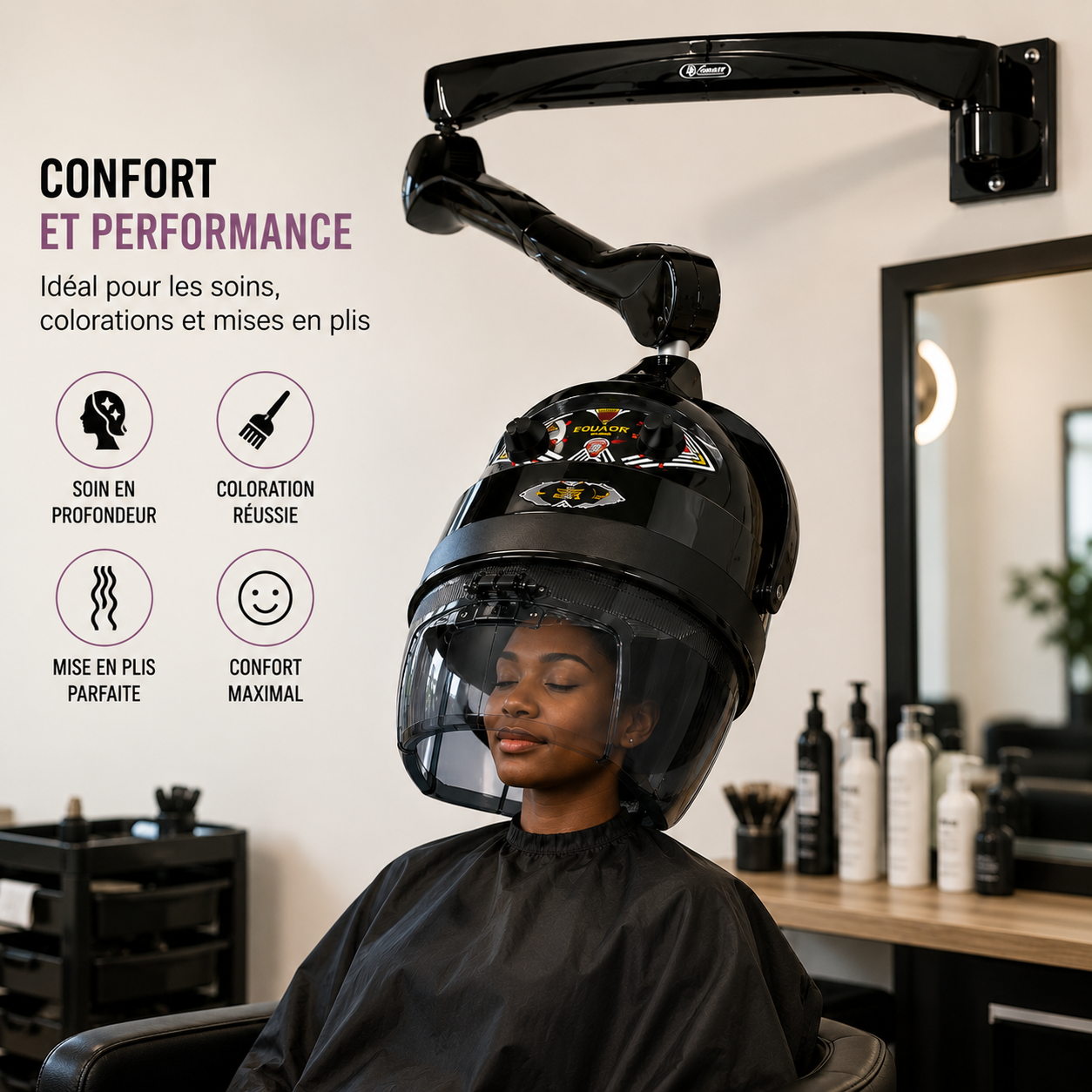 Casque Sèche-Cheveux Professionnel Mural Equator 3000 Noir – 930W, 2 Vitesses, Température Réglable 20 à 70°C