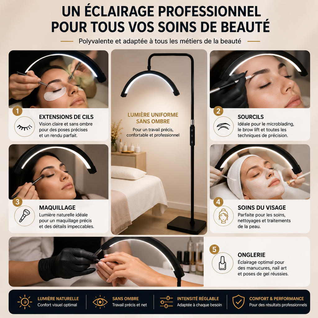 Lampe LED Demi-Lune sur Pied pour Esthéticienne – Éclairage Réglable Professionnel Lash & Beauté