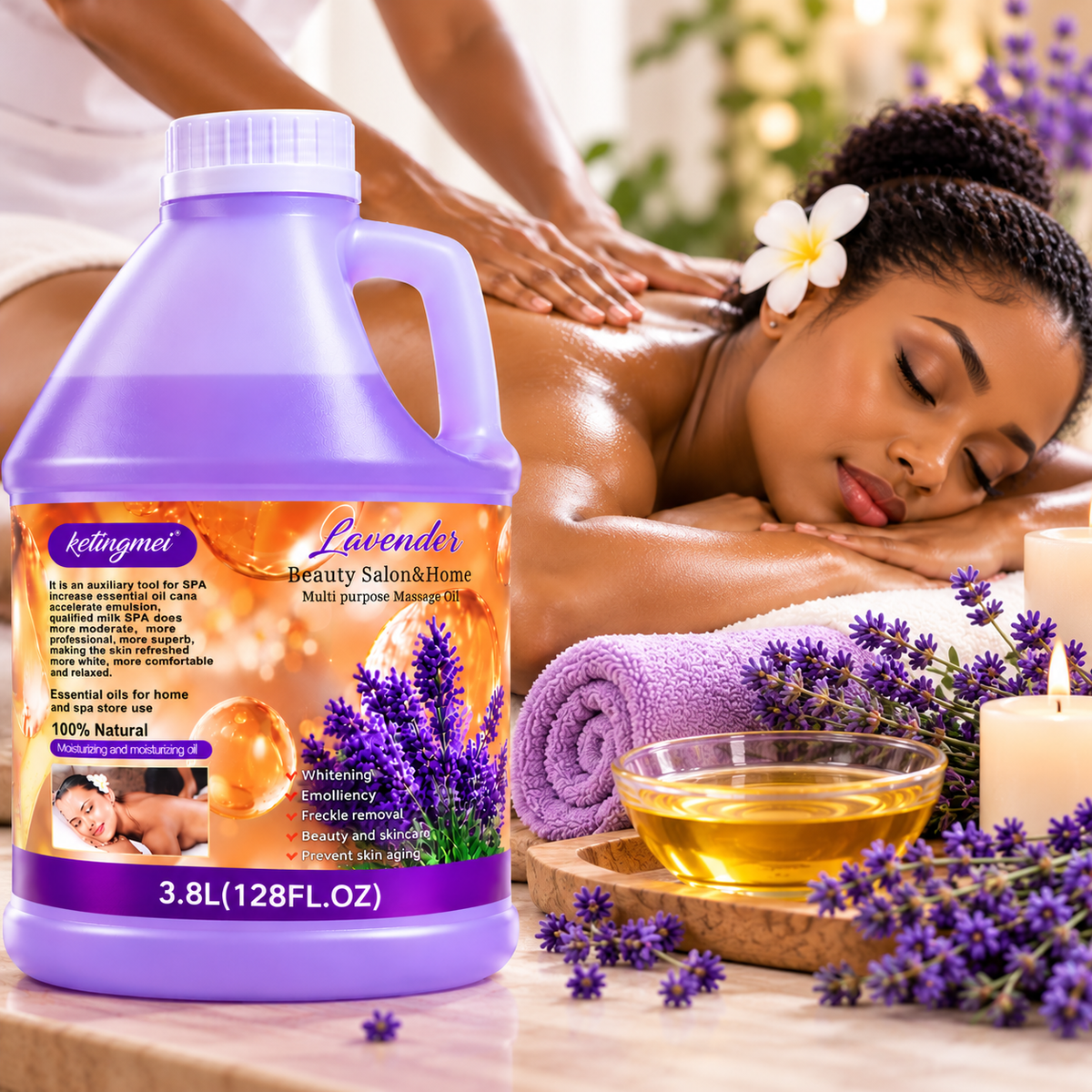 Ketingmei Huile de Massage Corps à la Lavande – Grand Format 3,8 L