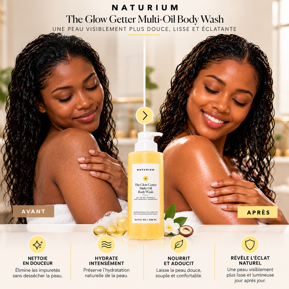 NATURIUM The Glow Getter Multi-Oil Body Wash – Gel Douche Nourrissant aux Huiles & Squalane – 500 ml
